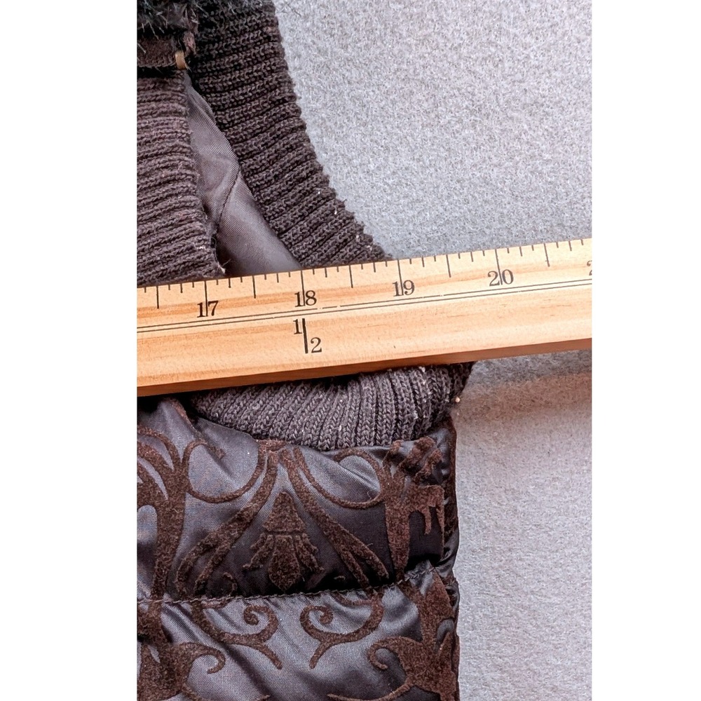 XOXO Womens Brown Damask Puffer Vest Faux Fur Collar Quilted Zip Up Size Large - Picture 5 of 7